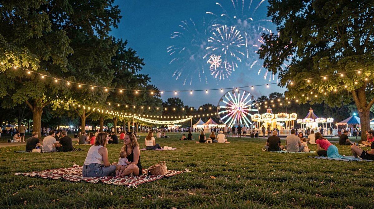 Evening at Fairmount Park in York, Pennsylvania: families on blankets on the grass, string lights between trees, a darkening blue sky above the fairground rides before the fireworks, shot in wide frame at ground level.